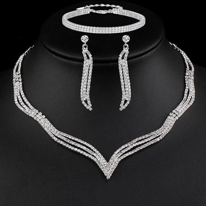 4PC Women's Fashion Copper Inlaid Diamond Claw Chain Cone Necklace Earrings Bracelet Set Wedding Party Festival Gift