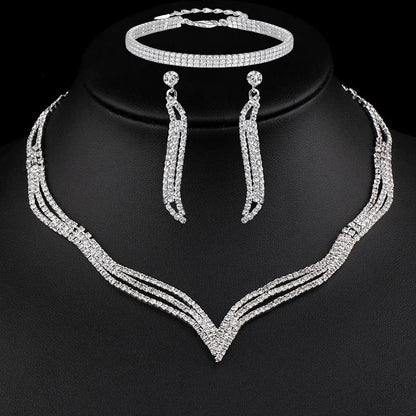 4PC Women's Fashion Copper Inlaid Diamond Claw Chain Cone Necklace Earrings Bracelet Set Wedding Party Festival Gift