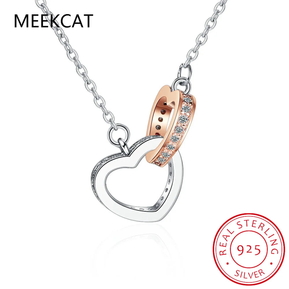 925 Sterling Silver Double Heart Pendant Necklace Clavicle Chain Link for Women Party Jewelry Valentine's Day Gift BSN339