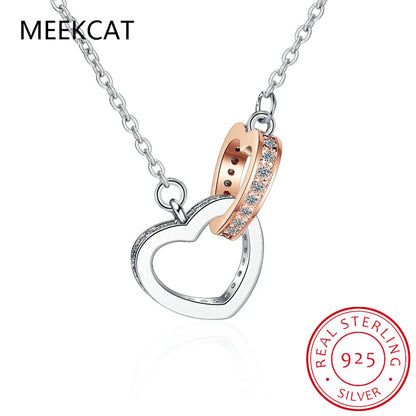 925 Sterling Silver Double Heart Pendant Necklace Clavicle Chain Link for Women Party Jewelry Valentine's Day Gift BSN339