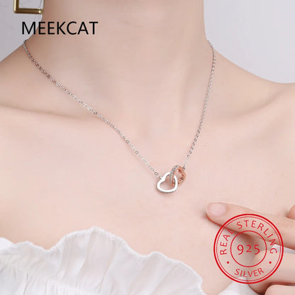 Fashion Double Love Heart Zircon Pendant Necklace 925 Sterling Silver Rose Gold Rhinestones Women's Jewelry Gift Hot Sale