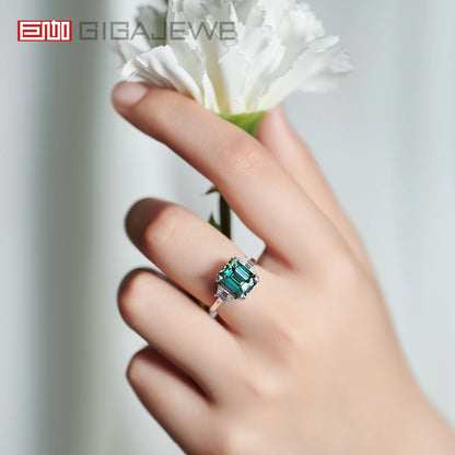 GIGAJEWE Moissanite Emerald Cut Natural Cyan 8X10mm 4.0ct S925 Silver Ring Diamond Test Passed Woman Wife Gift With GRA