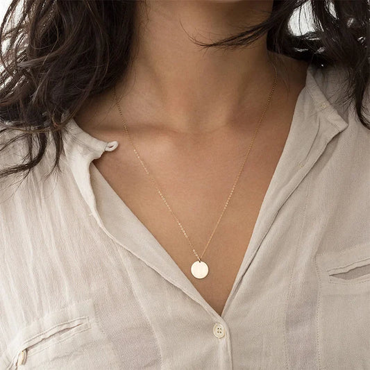 St.delan Golden round Pendant Short Stainless Steel Necklace Clavicle Chain Engraving Available Jewelry Accessory