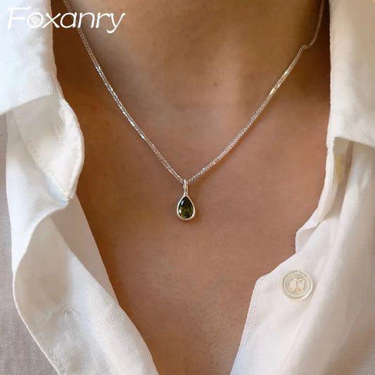 FOXANRY Stamp Water Drop Pendant Sweater Necklace Charm Women Girl INS Fashion Vintage Punk Green Zircons Party Jewelry Gift
