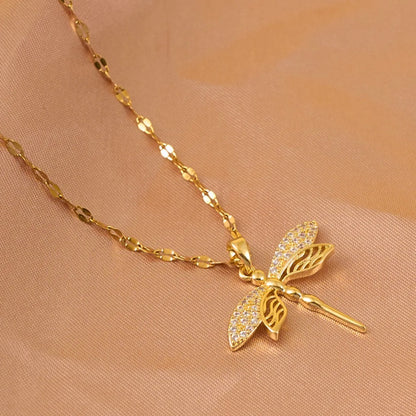 Classics Dragonfly Inlaid zircon Pendant Necklace For Women Men Personalized Gold Color Metal Party Jewelry