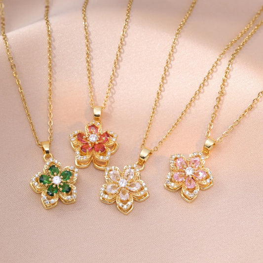 Light Luxury Shiny Zircon Rotatable Flower Pendant Necklace For Women Stainless Steel Romantic Spin Floral Plant Choker Jewelry