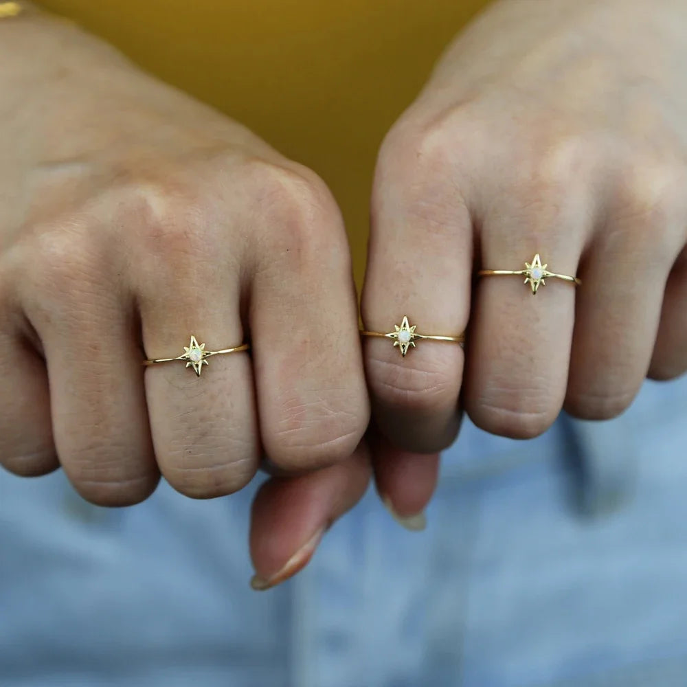 100% 925 Sterling Silver Gold Plated  Vermeil Opal Star Starburst Ring Minimal Delicate Women Jewelry