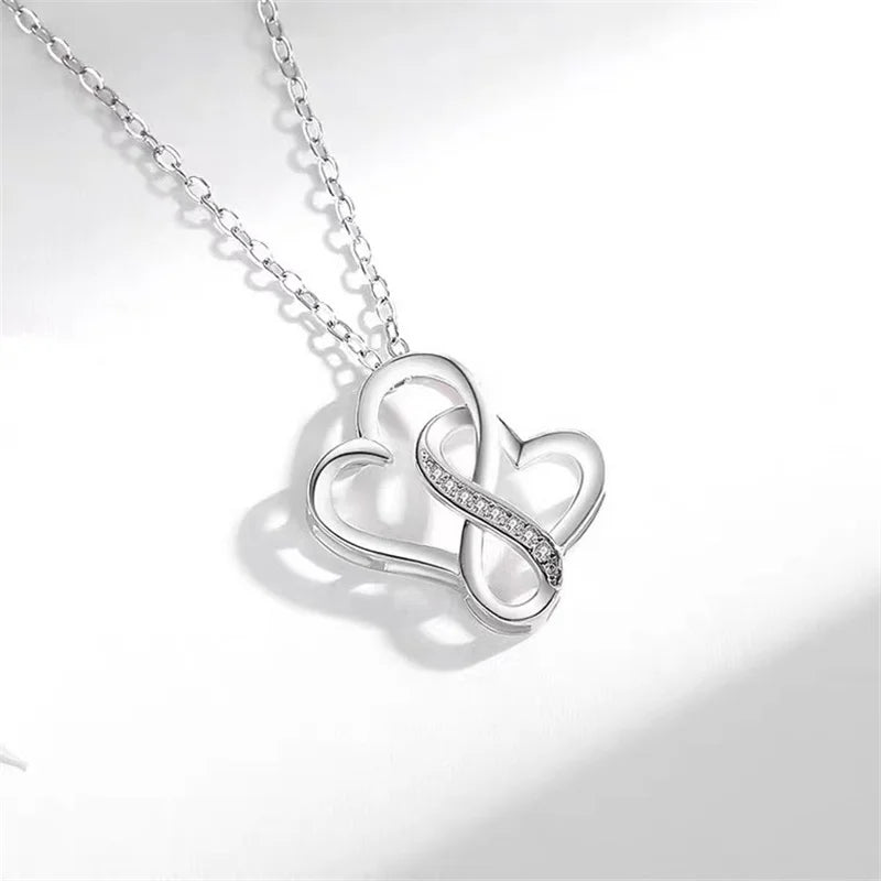 Fashion Double Heart Pendant For Lady Choker Necklace Jewelry Women 925 Sterling Silver Chain Necklace Female Anniversary Gift