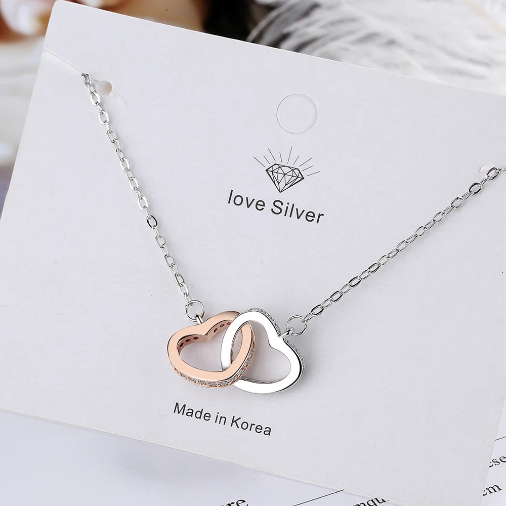 Fashion Double Love Heart Zircon Pendant Necklace 925 Sterling Silver Rose Gold Rhinestones Women's Jewelry Gift Hot Sale