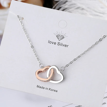 Fashion Double Love Heart Zircon Pendant Necklace 925 Sterling Silver Rose Gold Rhinestones Women's Jewelry Gift Hot Sale