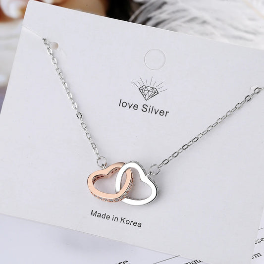 Fashion Double Love Heart Zircon Pendant Necklace 925 Sterling Silver Rose Gold Rhinestones Women's Jewelry Gift Hot Sale