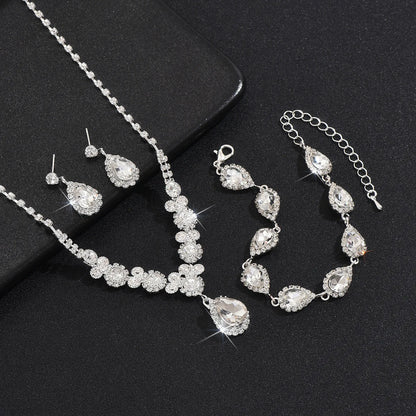 4PC Women's Fashion Copper Inlaid Diamond Claw Chain Cone Necklace Earrings Bracelet Set Wedding Party Festival Gift