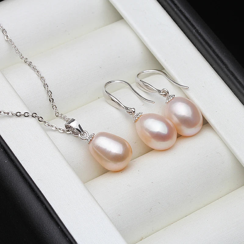Bridal Natural Freshwater Set With Pearl Earrings And Necklace 925 Silver Jewelry Set Daughter Wife Mother Gift Whife Pink Black