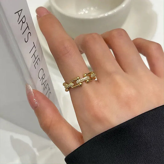 Korean Style S925 Silver U-Shaped Horse Hoof Ring for Women Vintage Fashion Creative Micro-Set Open Finger Ring Index Finger