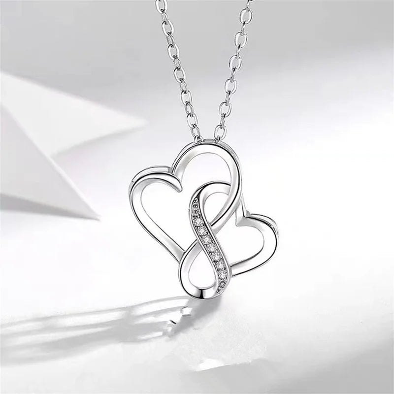 Fashion Double Heart Pendant For Lady Choker Necklace Jewelry Women 925 Sterling Silver Chain Necklace Female Anniversary Gift