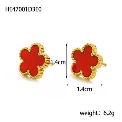 CARLIDANA New Adorable Botanical Small Earring for Ladies White Shell Insertion Oil Drip Blossom Clover 18K Gold Color Earrings