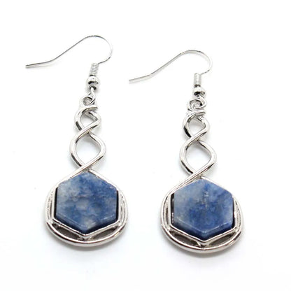 Crystal Hexagon Stone Pendant Necklace For Women Natural Amethyst Lapis Lazuli Dangle Hook Earrings Pendants Necklace Jewelry
