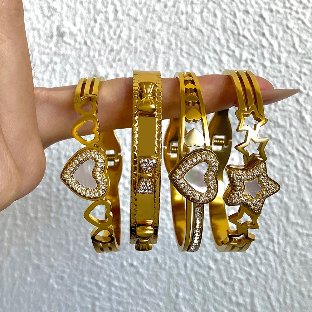 Chic Rhinestone Star Heart Bowknot Square Cuff Bracelet for Women Fashion Gold Plated Stainless Steel Bangles Jewelry Gifts