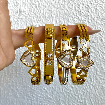 Chic Rhinestone Star Heart Bowknot Square Cuff Bracelet for Women Fashion Gold Plated Stainless Steel Bangles Jewelry Gifts