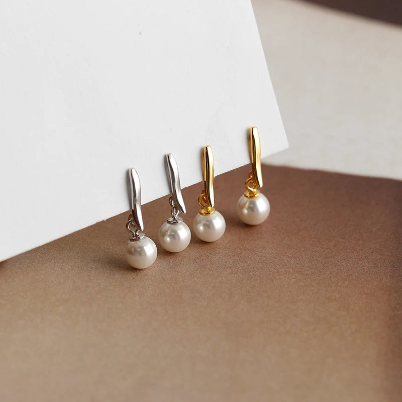 WANTME 925 Sterling Silver Fashion Korean Simple Synthetic Pearl Pendant Drop Earrings for Elegant Versatile Party Jewelry Gifts