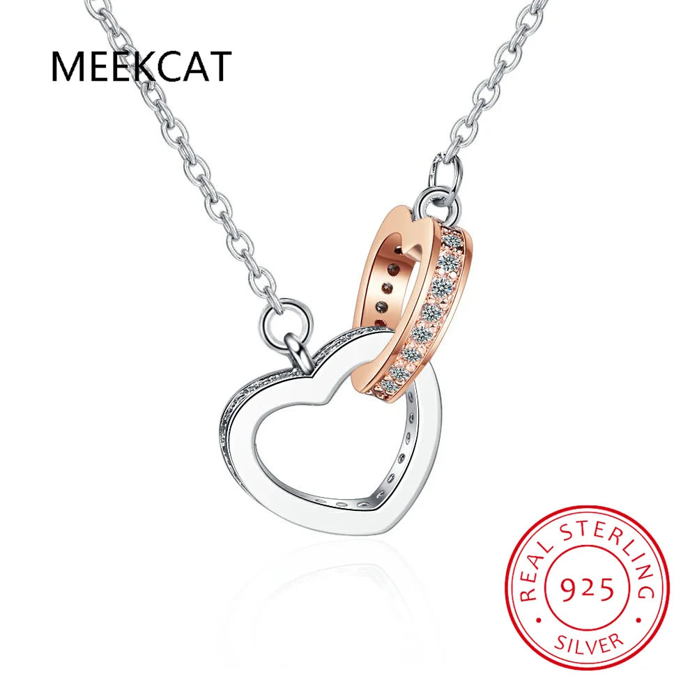Fashion Double Love Heart Zircon Pendant Necklace 925 Sterling Silver Rose Gold Rhinestones Women's Jewelry Gift Hot Sale