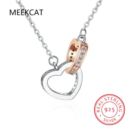 Fashion Double Love Heart Zircon Pendant Necklace 925 Sterling Silver Rose Gold Rhinestones Women's Jewelry Gift Hot Sale