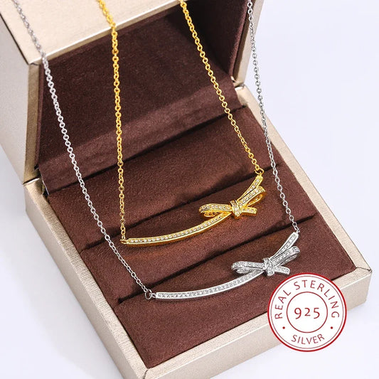 Exquisite Luxury Women 925 Silver Plated Necklace Elegant Bow Full Smile Zircon Clavicle Sweater Chain Women Necklace