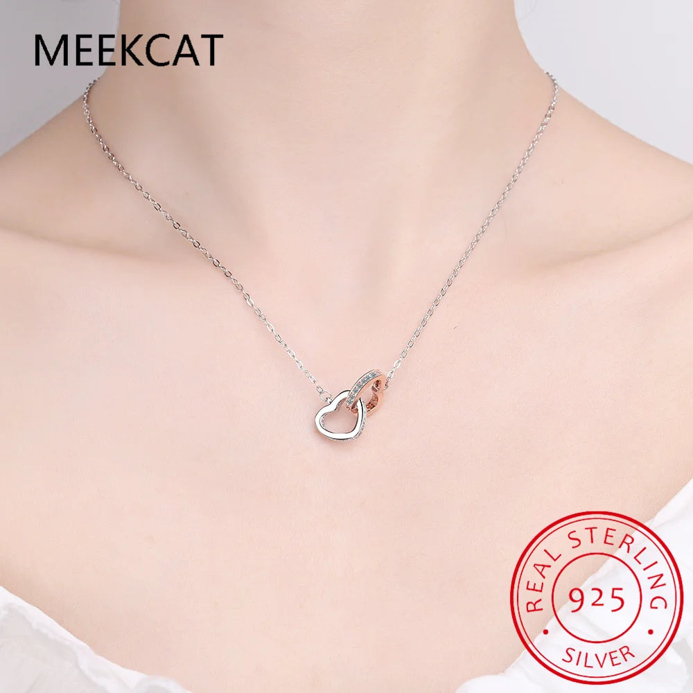 925 Sterling Silver Double Heart Pendant Necklace Clavicle Chain Link for Women Party Jewelry Valentine's Day Gift BSN339