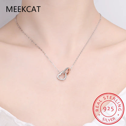 925 Sterling Silver Double Heart Pendant Necklace Clavicle Chain Link for Women Party Jewelry Valentine's Day Gift BSN339