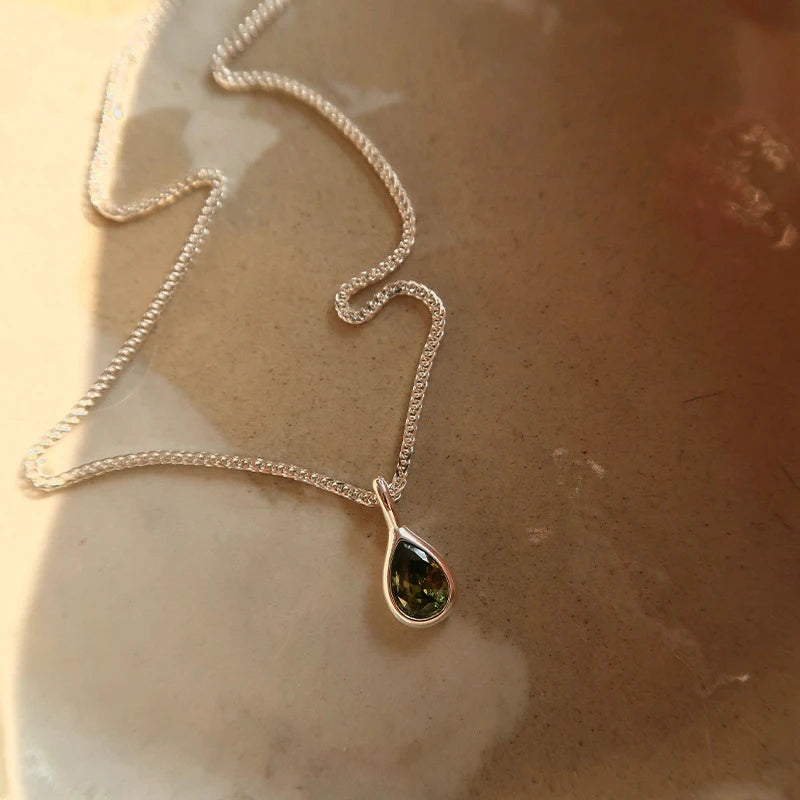 FOXANRY Stamp Water Drop Pendant Sweater Necklace Charm Women Girl INS Fashion Vintage Punk Green Zircons Party Jewelry Gift