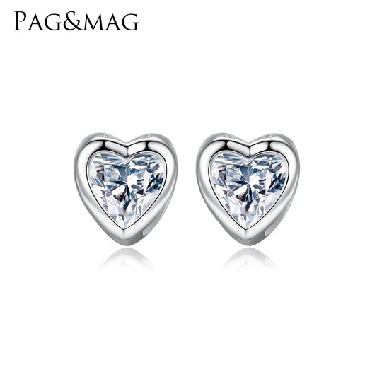 PAG&MAG S925 Silver Heart-Shaped Earrings with Zircon Stones Simple Elegant Korean Style Versatile Silver Needle Ear Studs