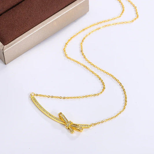 Exquisite Luxury Women 925 Silver Plated Necklace Elegant Bow Full Smile Zircon Clavicle Sweater Chain Women Necklace