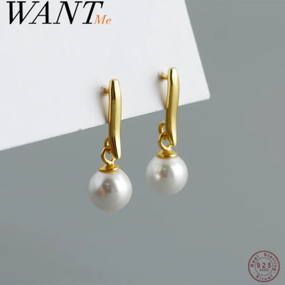 WANTME 925 Sterling Silver Fashion Korean Simple Synthetic Pearl Pendant Drop Earrings for Elegant Versatile Party Jewelry Gifts