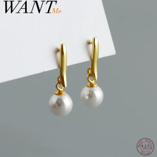 WANTME 925 Sterling Silver Fashion Korean Simple Synthetic Pearl Pendant Drop Earrings for Elegant Versatile Party Jewelry Gifts