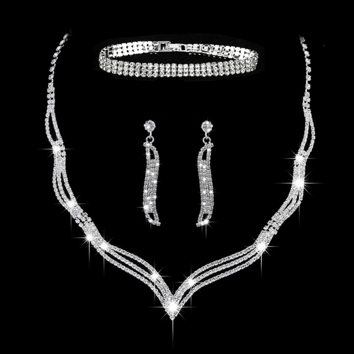 4PC Women's Fashion Copper Inlaid Diamond Claw Chain Cone Necklace Earrings Bracelet Set Wedding Party Festival Gift