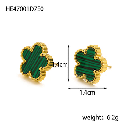 CARLIDANA New Adorable Botanical Small Earring for Ladies White Shell Insertion Oil Drip Blossom Clover 18K Gold Color Earrings