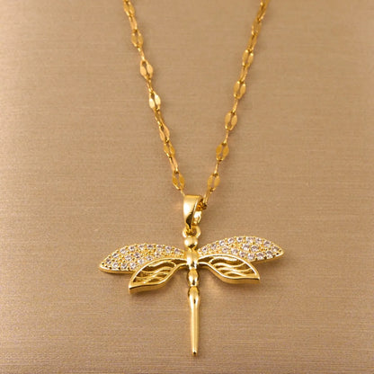 Classics Dragonfly Inlaid zircon Pendant Necklace For Women Men Personalized Gold Color Metal Party Jewelry