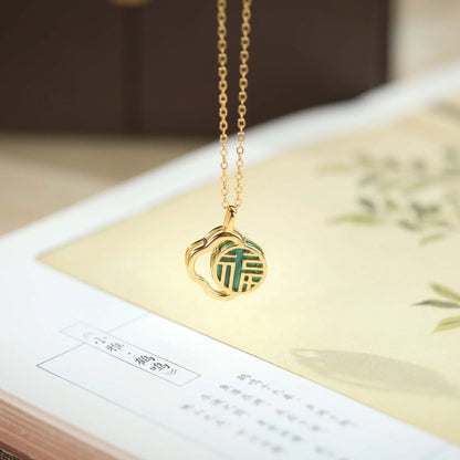 S925 Pure Silver Gold Plated Turquoise Pendant Design Jewelry Exquisite Lucky Four Leaf Clover Chinese Character Female Pendant