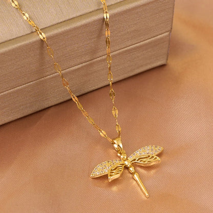 Classics Dragonfly Inlaid zircon Pendant Necklace For Women Men Personalized Gold Color Metal Party Jewelry