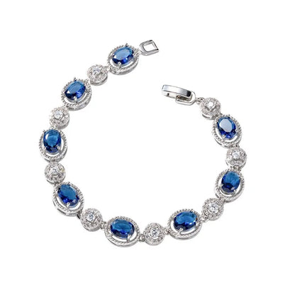 Luxury Shiny Retro Sterling Silver Zircon Oval Blue Crystal Bracelet for Women Korean Exquisite Party Jewelry Accessories Gifts