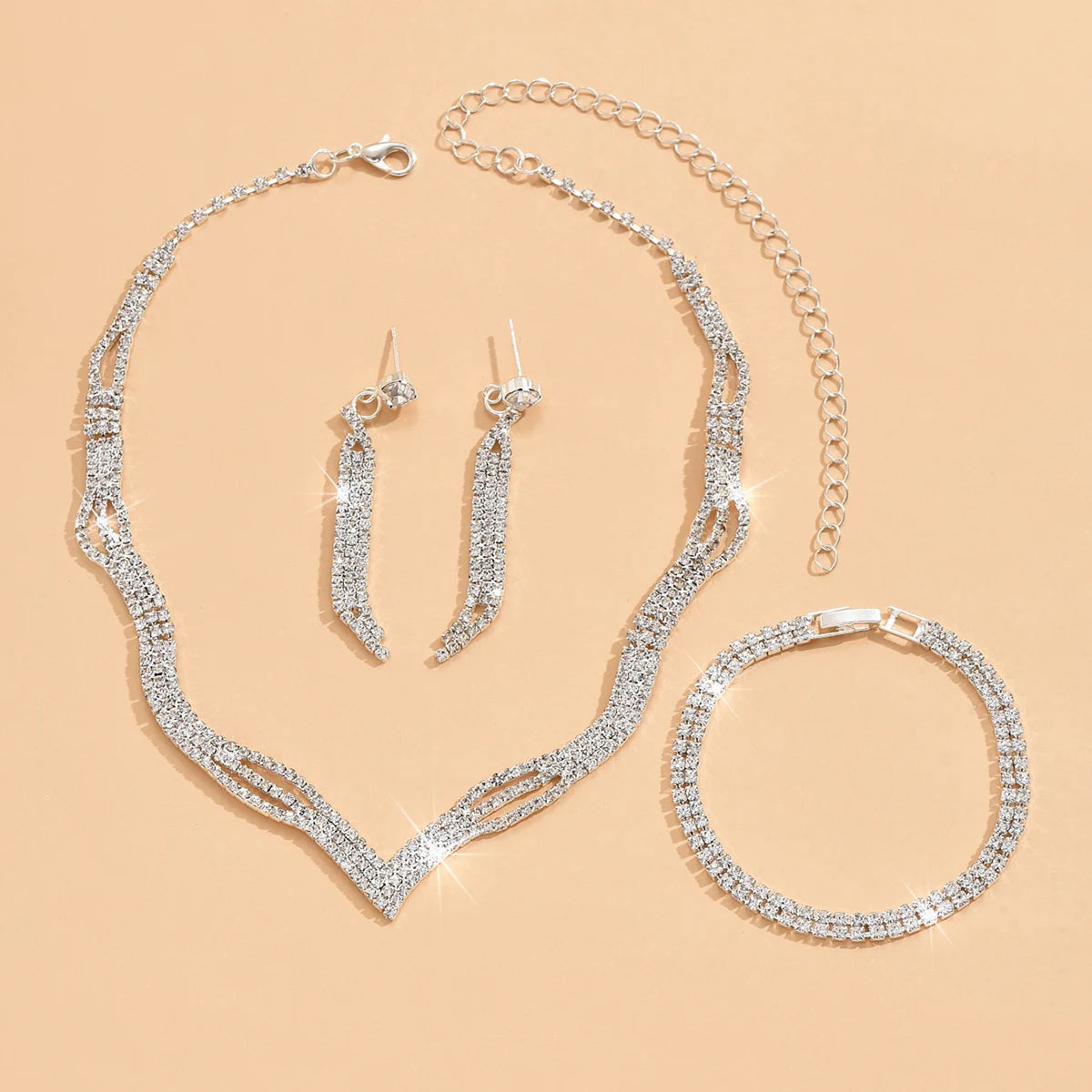 4PC Women's Fashion Copper Inlaid Diamond Claw Chain Cone Necklace Earrings Bracelet Set Wedding Party Festival Gift