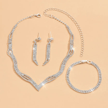 4PC Women's Fashion Copper Inlaid Diamond Claw Chain Cone Necklace Earrings Bracelet Set Wedding Party Festival Gift
