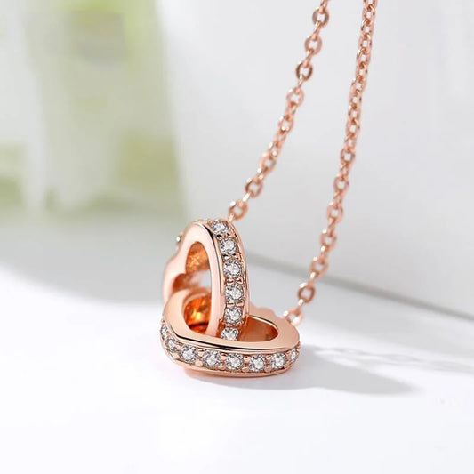 Fashion Double Loold Rhinestonesve Heart Zircon Pendant Necklace 925 Sterling Silver Rose G Women's Jewelry
