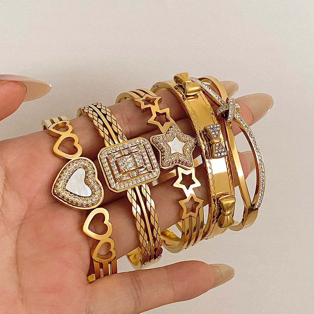 Chic Rhinestone Star Heart Bowknot Square Cuff Bracelet for Women Fashion Gold Plated Stainless Steel Bangles Jewelry Gifts