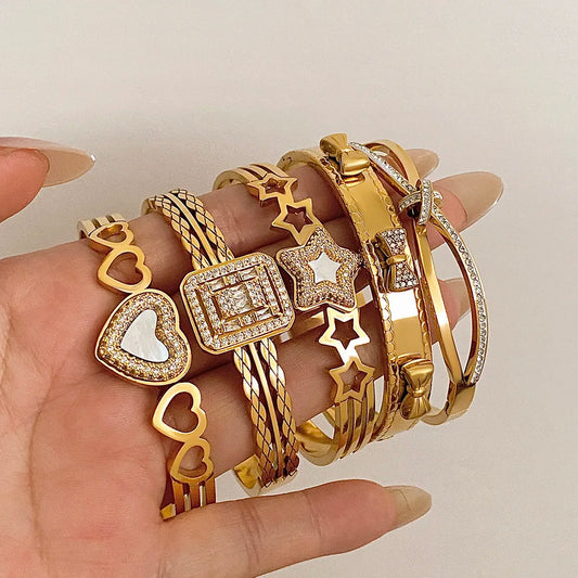 Chic Rhinestone Star Heart Bowknot Square Cuff Bracelet for Women Fashion Gold Plated Stainless Steel Bangles Jewelry Gifts
