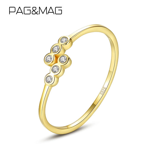 PAG&MAG Simple CZ 925 Sterling Silver Rings Woman Round Zircon Resizable Gold Plated Color Elegent Cute Girl Daily Bands Jewelry