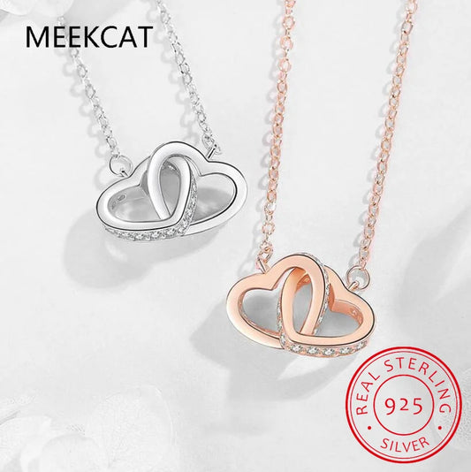 925 Sterling Silver Double Heart Pendant Necklace Clavicle Chain Link for Women Party Jewelry Valentine's Day Gift BSN339