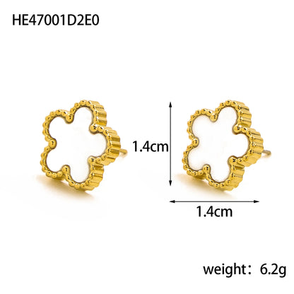 CARLIDANA New Adorable Botanical Small Earring for Ladies White Shell Insertion Oil Drip Blossom Clover 18K Gold Color Earrings