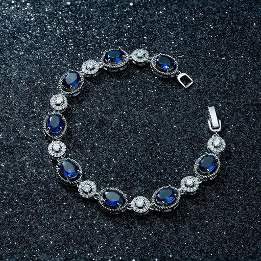 Luxury Shiny Retro Sterling Silver Zircon Oval Blue Crystal Bracelet for Women Korean Exquisite Party Jewelry Accessories Gifts