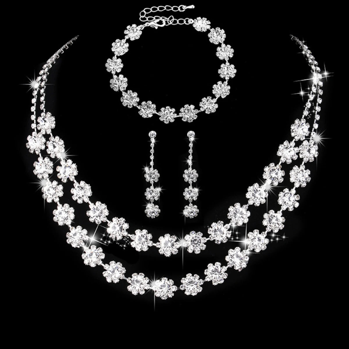 4PC Women's Fashion Copper Inlaid Diamond Claw Chain Cone Necklace Earrings Bracelet Set Wedding Party Festival Gift
